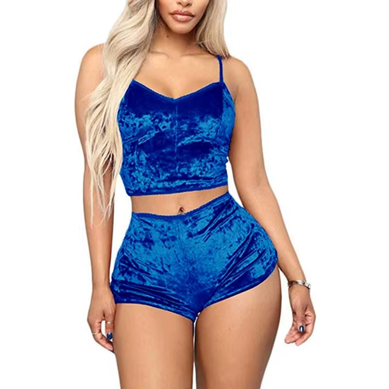 Women's Velvet Sleepwear Set - Spaghetti Strap Top and Shorts Pajama Ensemble