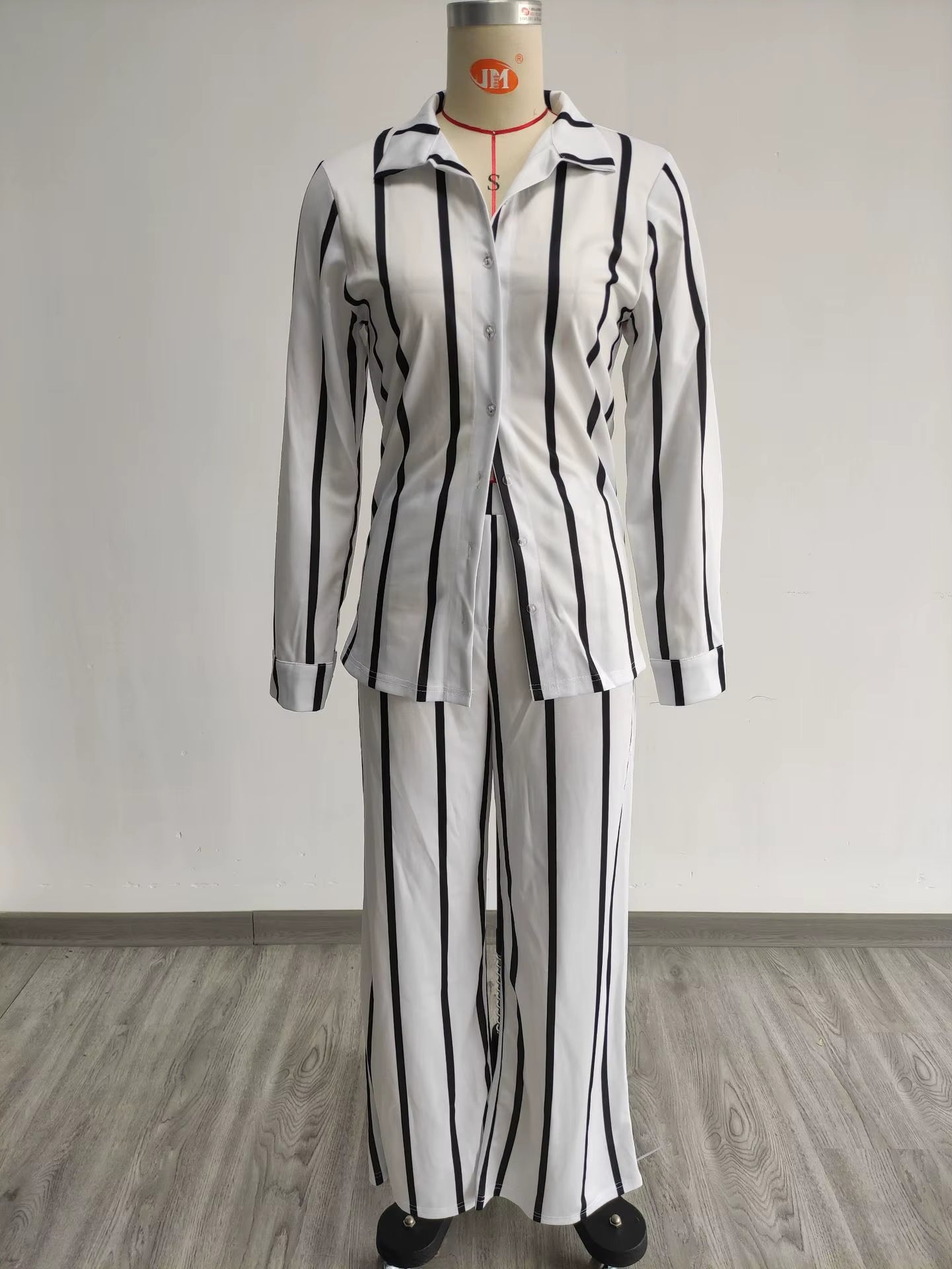 Two Piece Set Long Sleeve Blouses Wide Leg Pants Stripped Outfits 2 Piece Pants Set