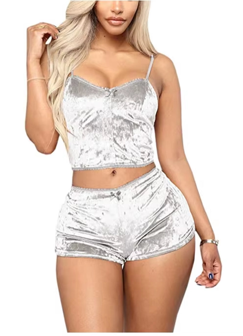 Women's Velvet Sleepwear Set - Spaghetti Strap Top and Shorts Pajama Ensemble