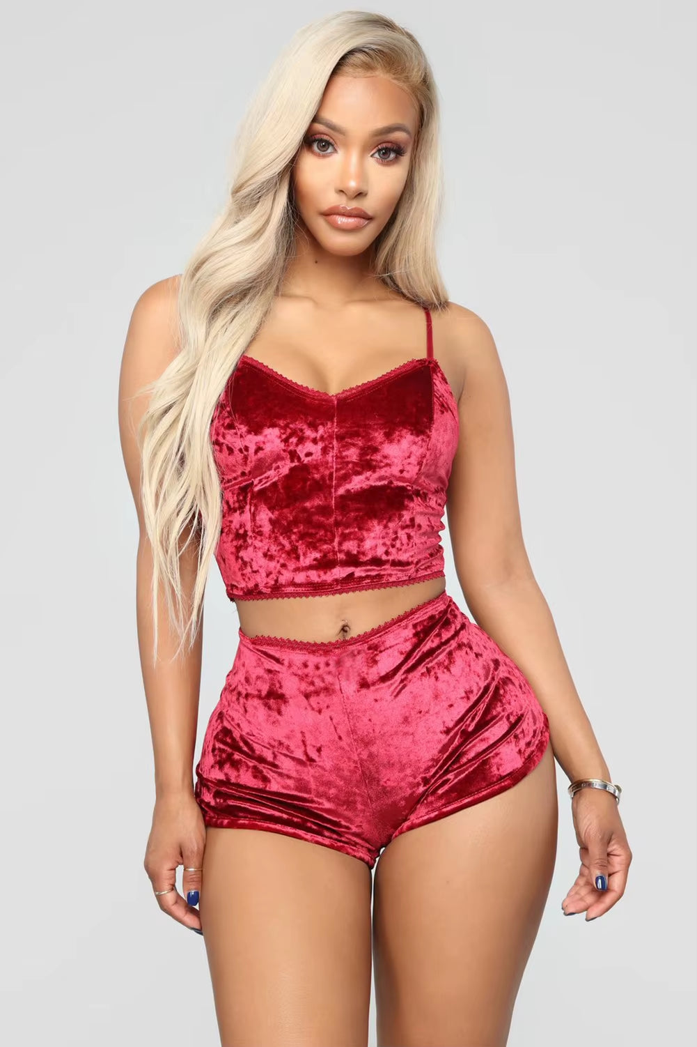 Women's Velvet Sleepwear Set - Spaghetti Strap Top and Shorts Pajama Ensemble