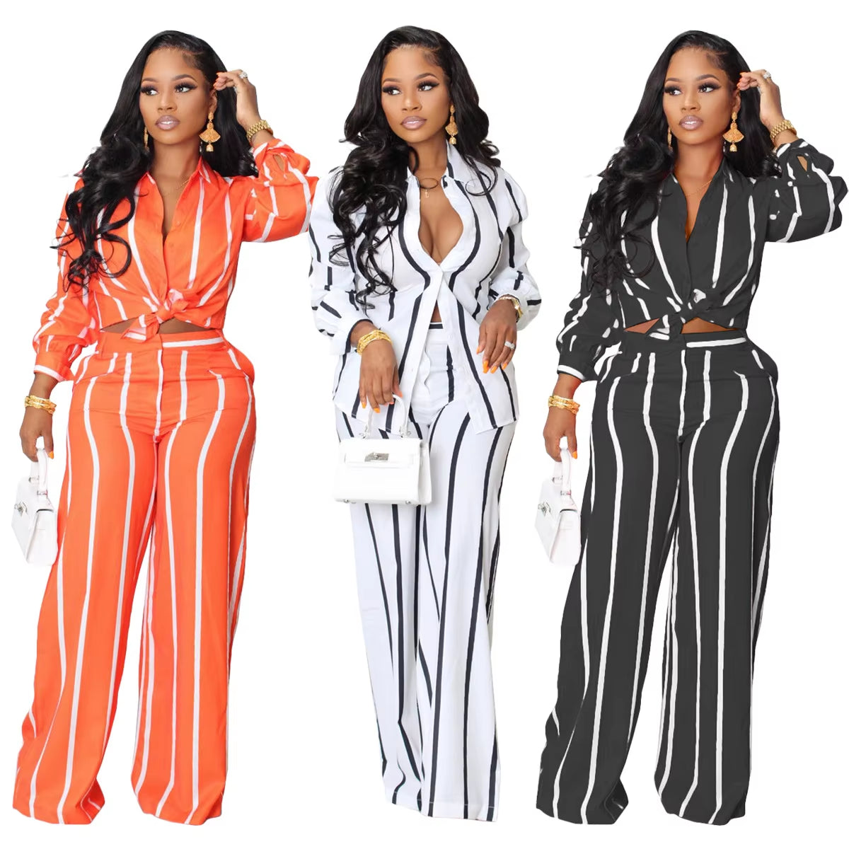 Two Piece Set Long Sleeve Blouses Wide Leg Pants Stripped Outfits 2 Piece Pants Set