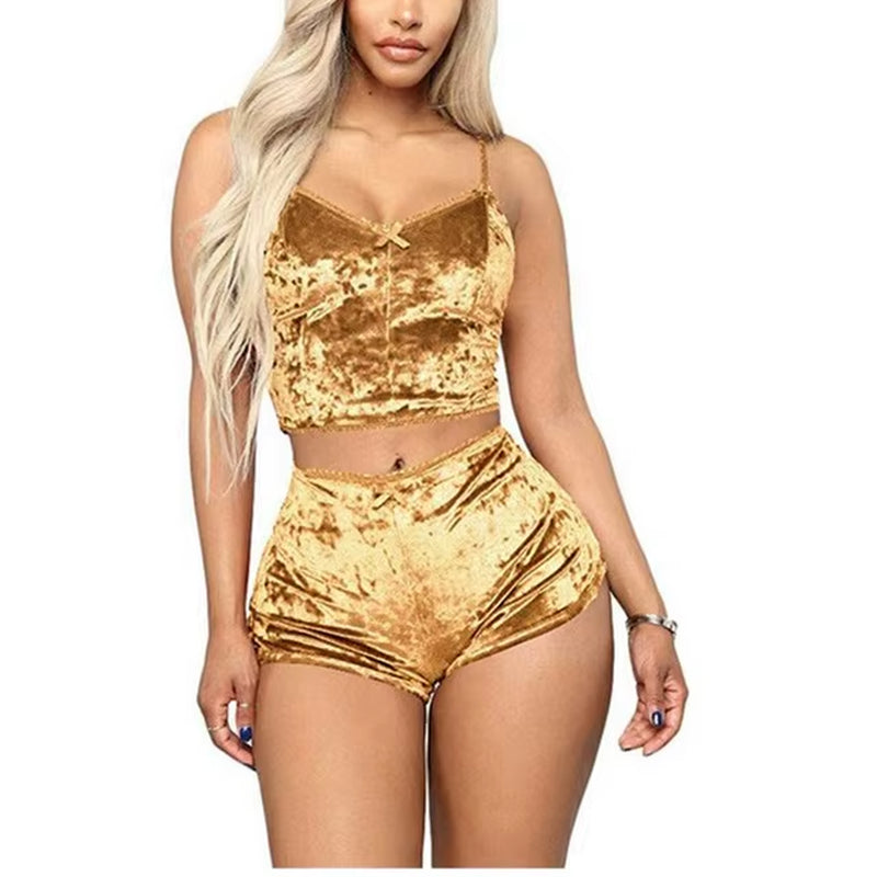 Women's Velvet Sleepwear Set - Spaghetti Strap Top and Shorts Pajama Ensemble