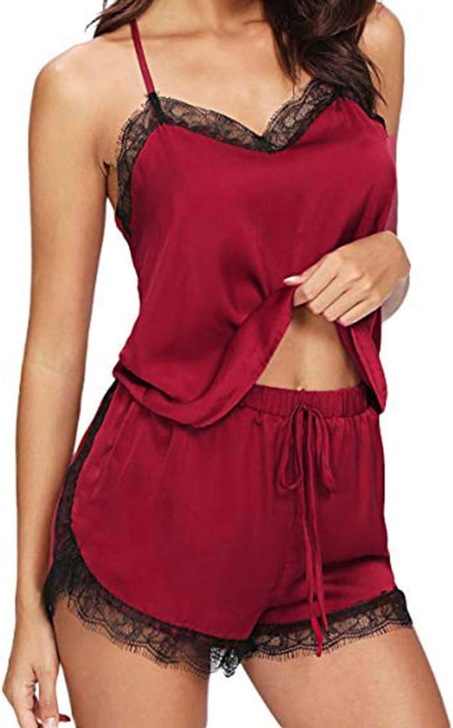 Women'S Pajama Set V Neck Tank Top Cami 2 Piece Shorts Sets Lace Trim Camisole Nightwear Sleepwear Pjs Set for Women