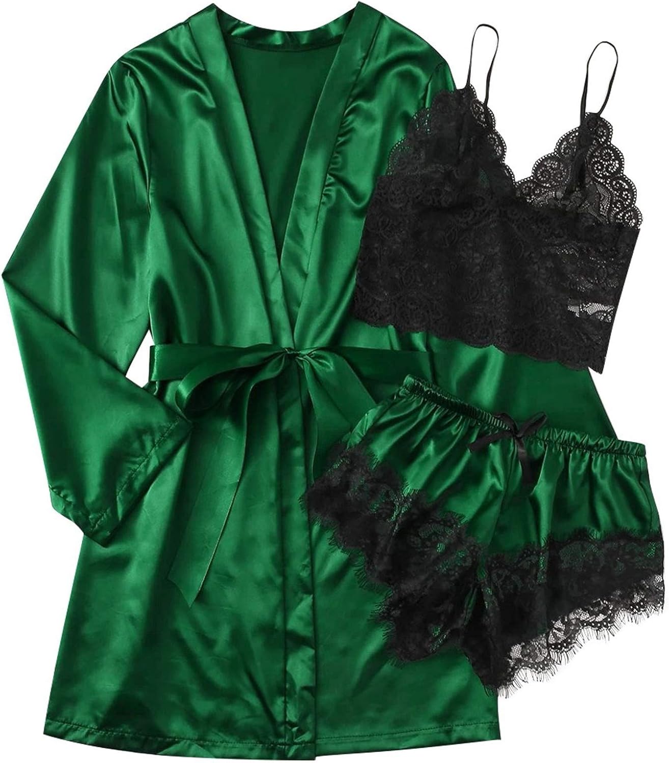 Sleepwear for Women 3 Piece Stripe Satin Pajama Set Lingerie Lace Cami Pj Set Sexy V Neck Cami Top with Robe