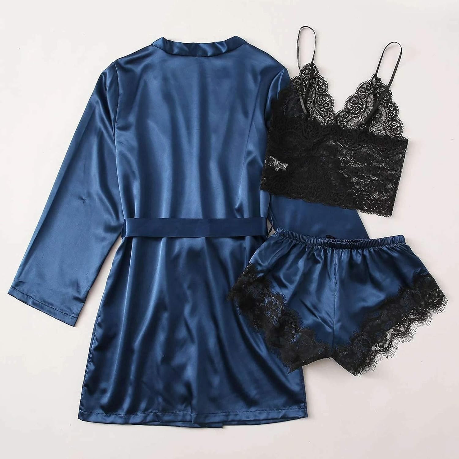 Sleepwear for Women 3 Piece Stripe Satin Pajama Set Lingerie Lace Cami Pj Set Sexy V Neck Cami Top with Robe