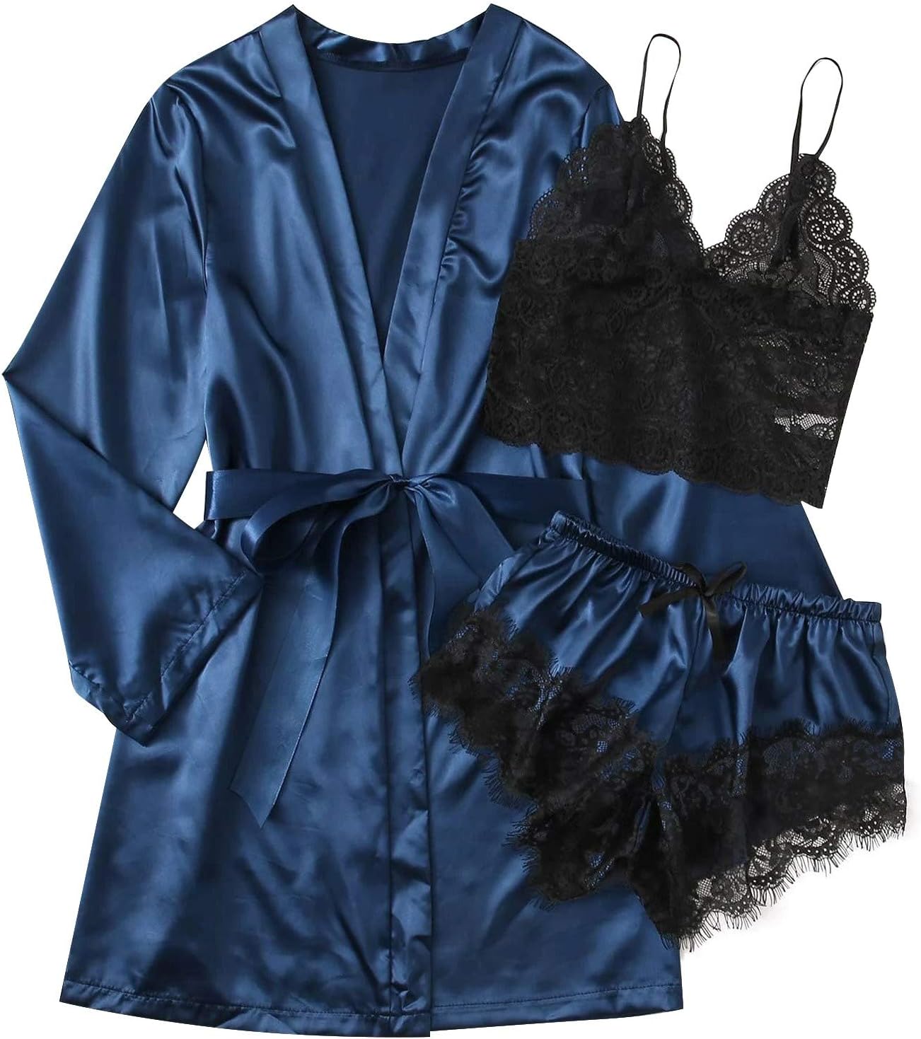 Sleepwear for Women 3 Piece Stripe Satin Pajama Set Lingerie Lace Cami Pj Set Sexy V Neck Cami Top with Robe