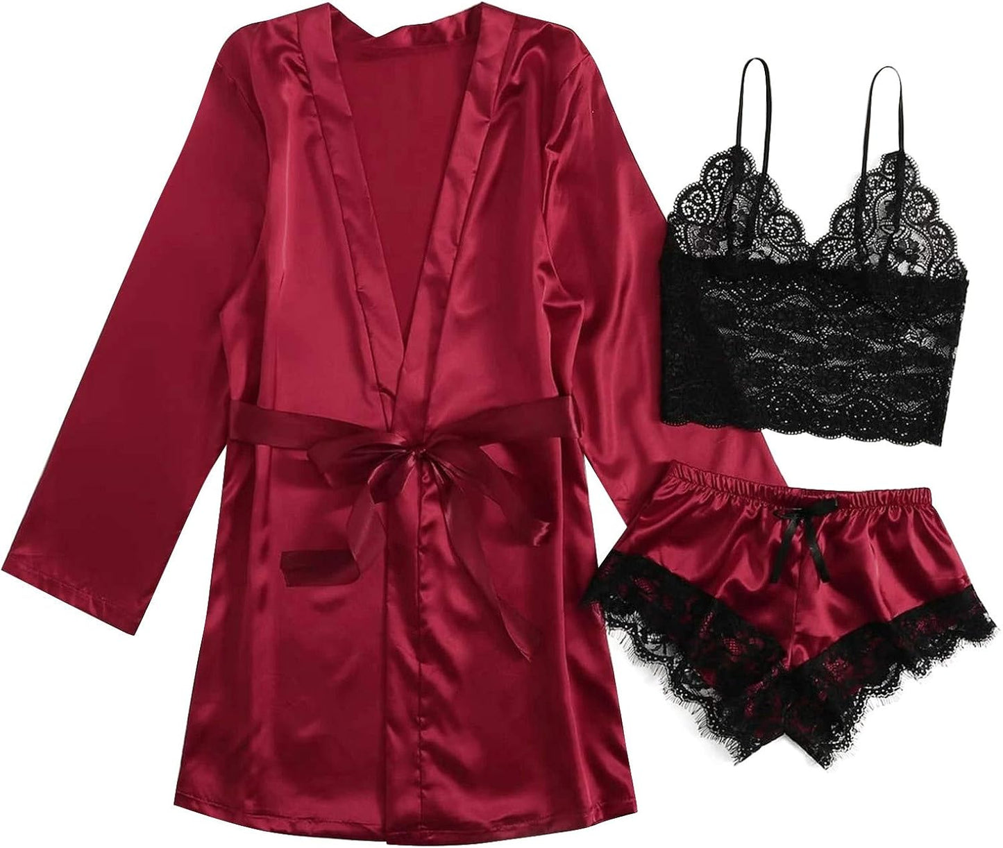 Sleepwear for Women 3 Piece Stripe Satin Pajama Set Lingerie Lace Cami Pj Set Sexy V Neck Cami Top with Robe