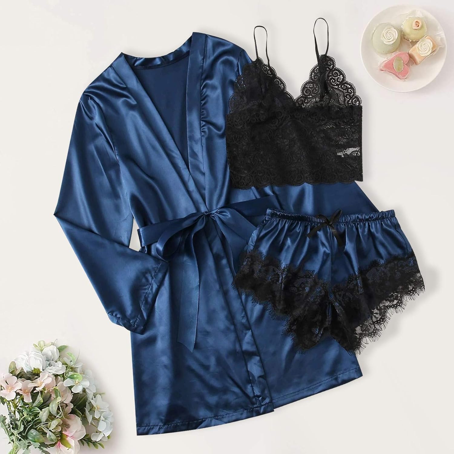 Sleepwear for Women 3 Piece Stripe Satin Pajama Set Lingerie Lace Cami Pj Set Sexy V Neck Cami Top with Robe