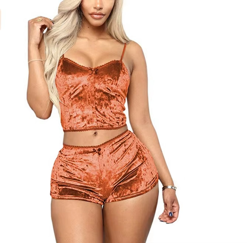 Women's Velvet Sleepwear Set - Spaghetti Strap Top and Shorts Pajama Ensemble