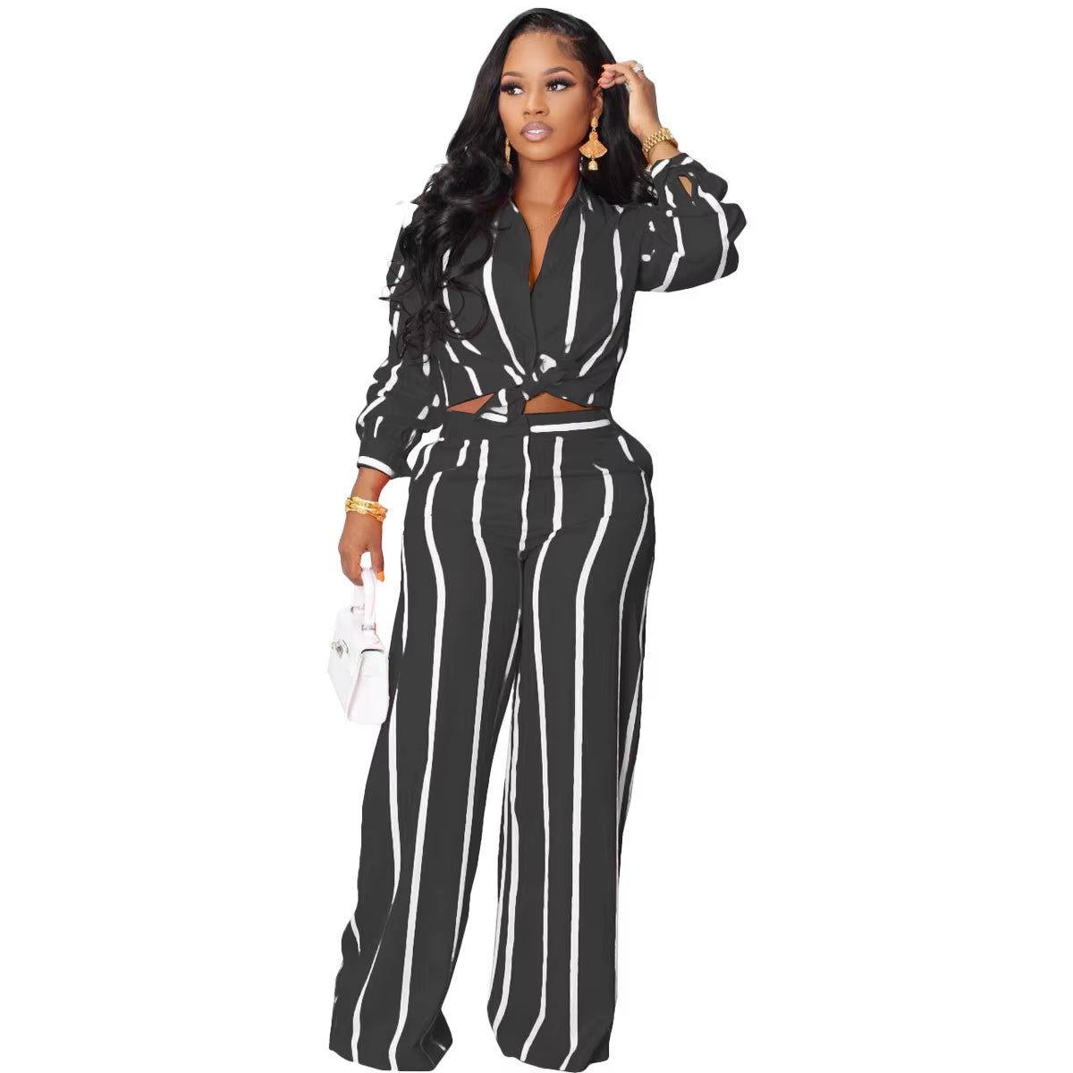 Two Piece Set Long Sleeve Blouses Wide Leg Pants Stripped Outfits 2 Piece Pants Set