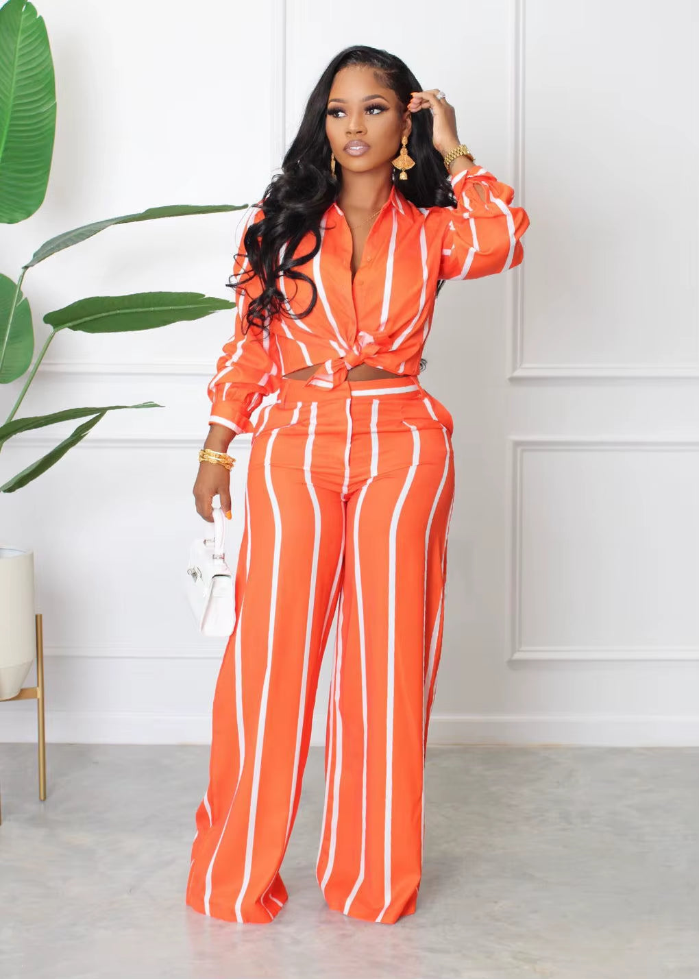 Two Piece Set Long Sleeve Blouses Wide Leg Pants Stripped Outfits 2 Piece Pants Set