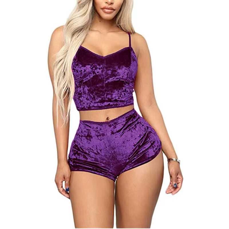 Women's Velvet Sleepwear Set - Spaghetti Strap Top and Shorts Pajama Ensemble