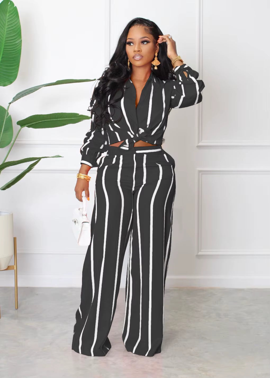 Two Piece Set Long Sleeve Blouses Wide Leg Pants Stripped Outfits 2 Piece Pants Set