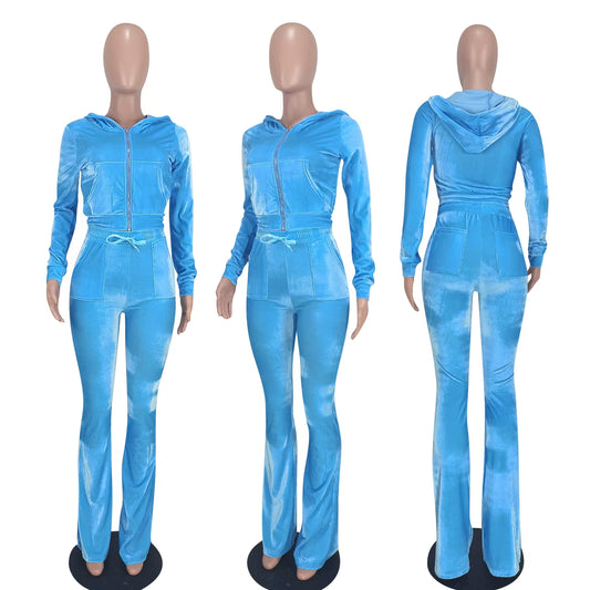 Ladies Jacket Velvet Sweatsuit Women Vintage Two Piece Flare Pants Set Velour Tracksuits Outfit 