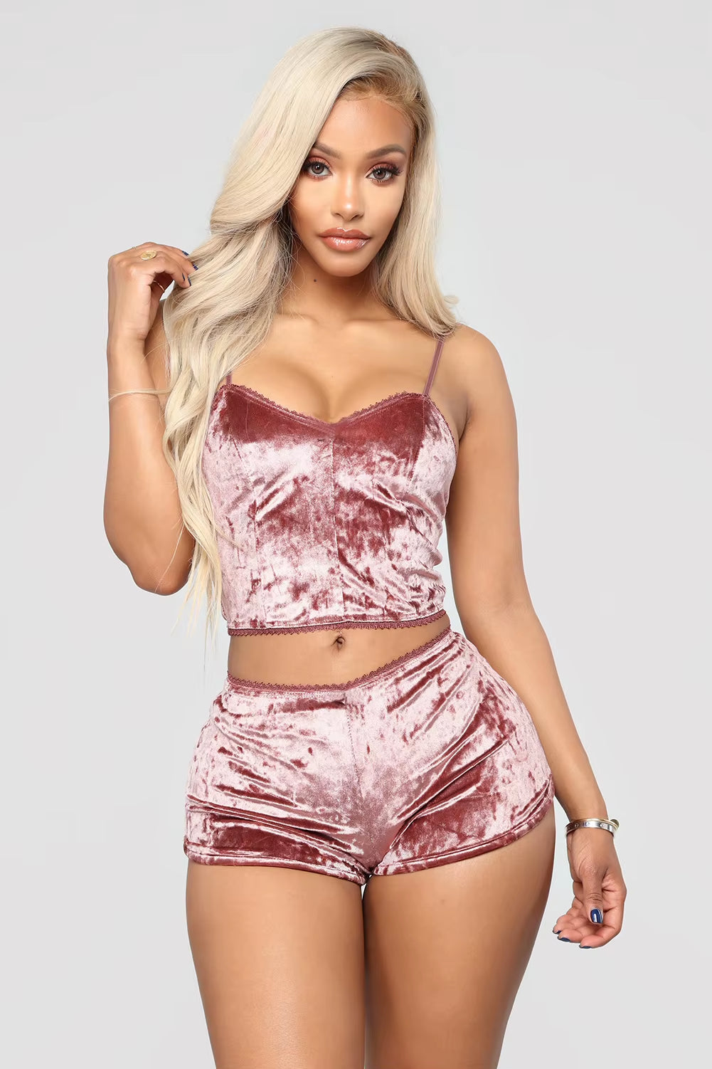 Women's Velvet Sleepwear Set - Spaghetti Strap Top and Shorts Pajama Ensemble