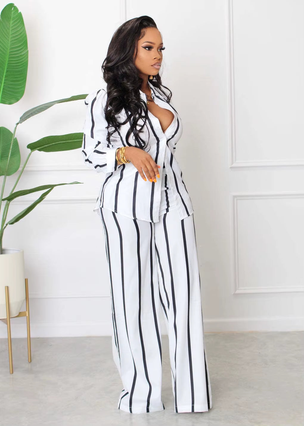 Two Piece Set Long Sleeve Blouses Wide Leg Pants Stripped Outfits 2 Piece Pants Set