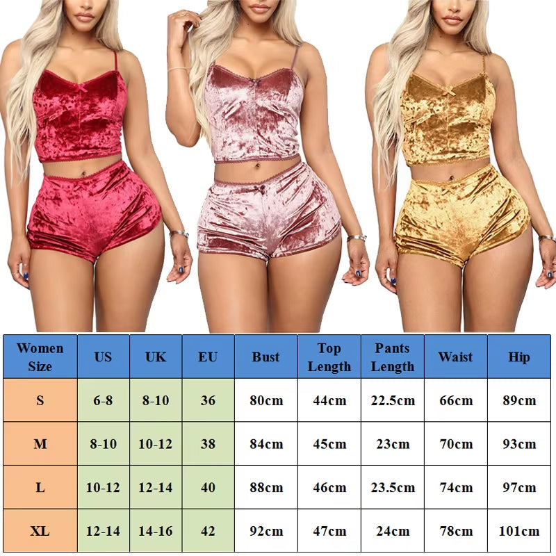 Women's Velvet Sleepwear Set - Spaghetti Strap Top and Shorts Pajama Ensemble